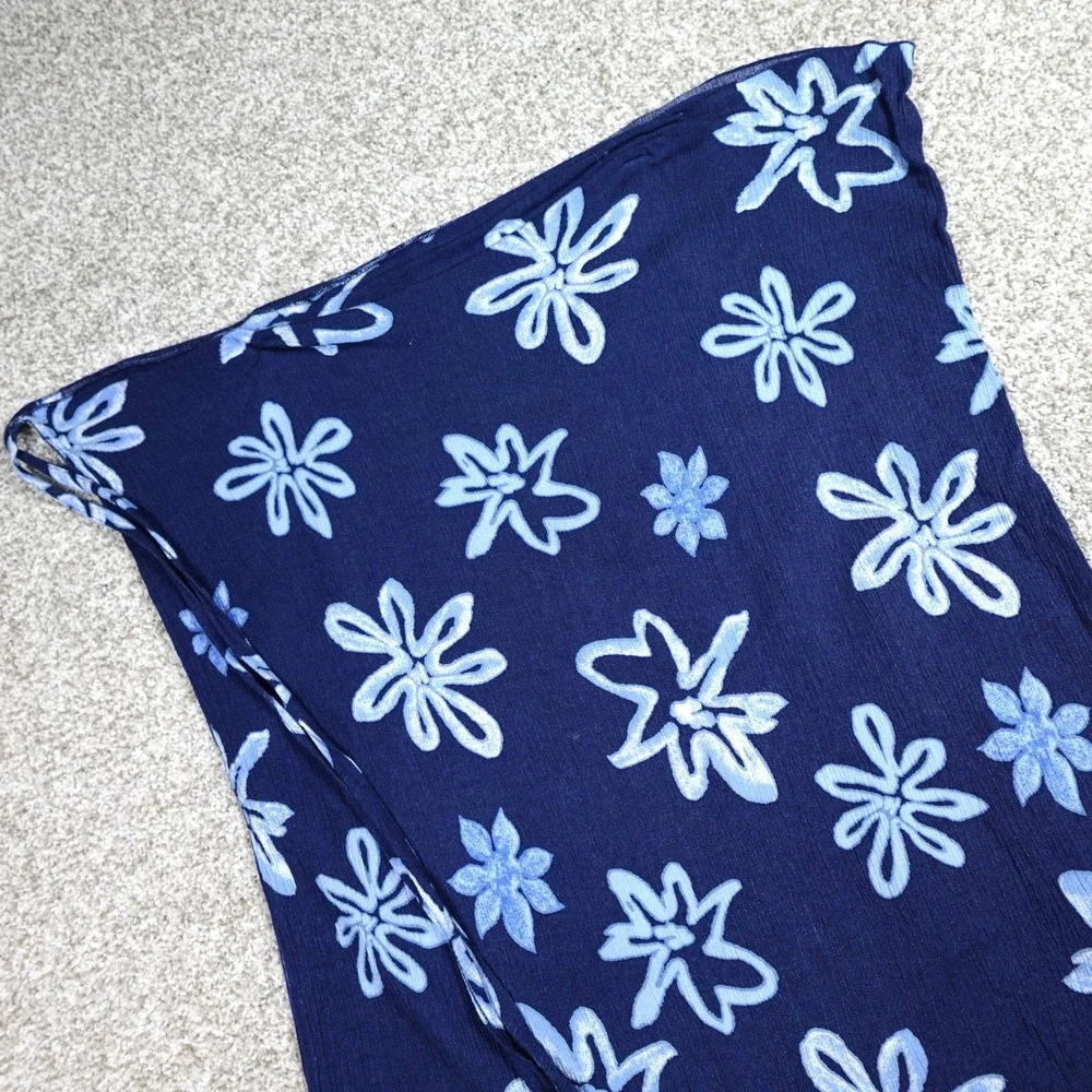 Blue Linen Blend Floral Sarong Wrap Skirt Beach Coverup Navy Light Blue Tropical